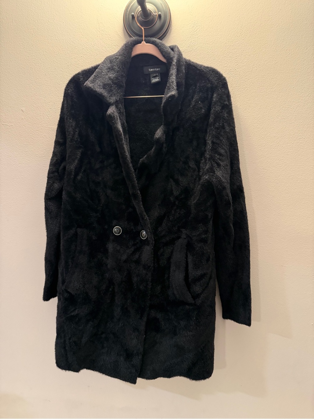 Karen Kane Black Faux Fur Notched Lapel Two Button Coat Jacket Womens Small